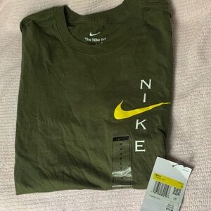 Nike Men's Olive Green Short Sleeve Tee with Yellow Swoosh